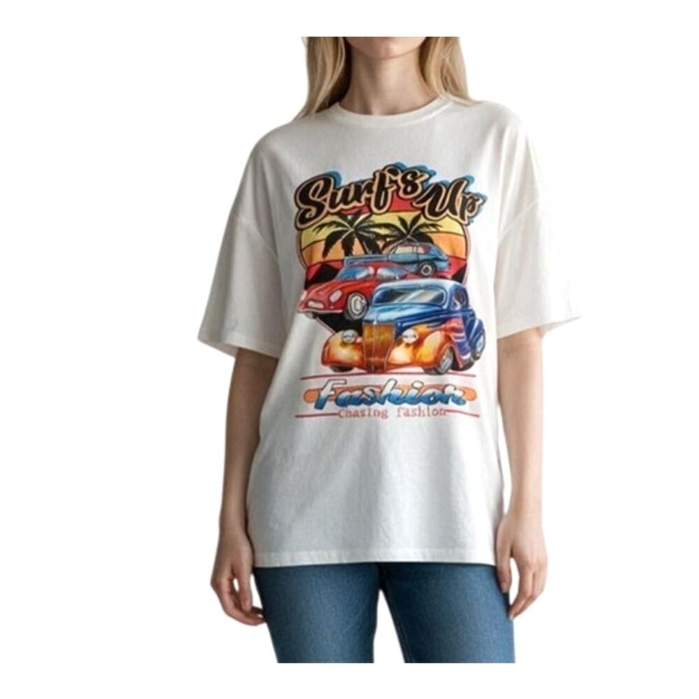 Shein Women's Small Surf's Up Hot Rod Graphic Short Sleeve Crew Neck Tee